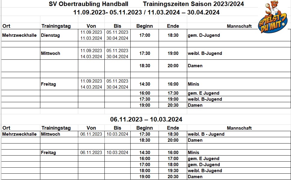 Trainingszeiten 2023 2024